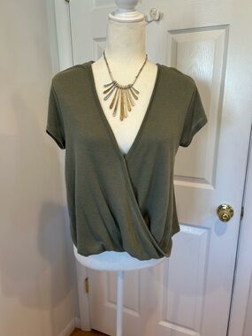 Free People Women’s Olive Green Wrap Front Short Sleeve Top